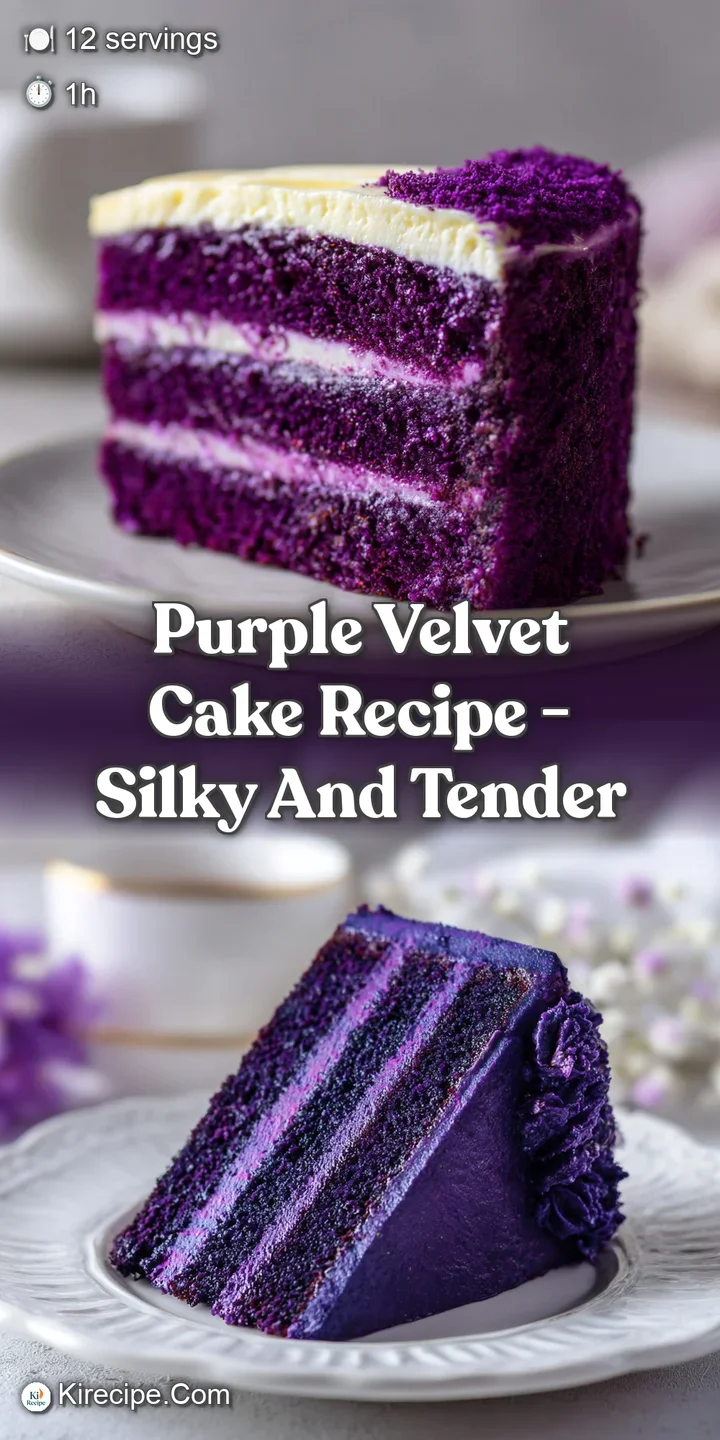 Up-close view of moist purple cake texture. Soft crumbs and rich frosting swirl create an inviting, decadent experience.