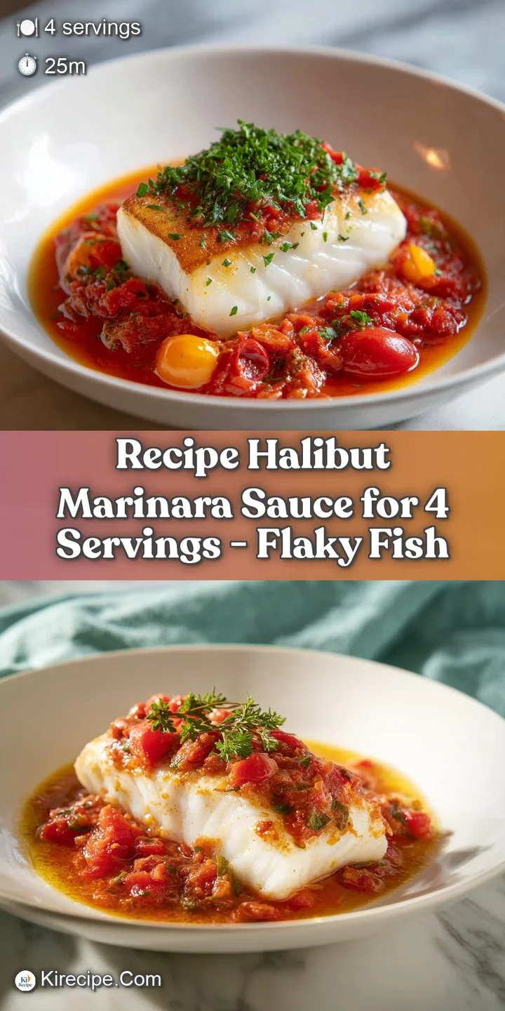 Close-up of tender halibut bathed in bright marinara. Steam rises, showcasing herbs and inviting textures in a savory sauce.