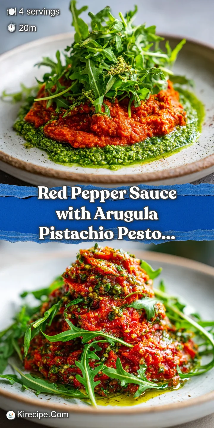 Close-up of glossy red pepper sauce clinging to pasta, flecked with vibrant green pesto and crunchy pistachios.