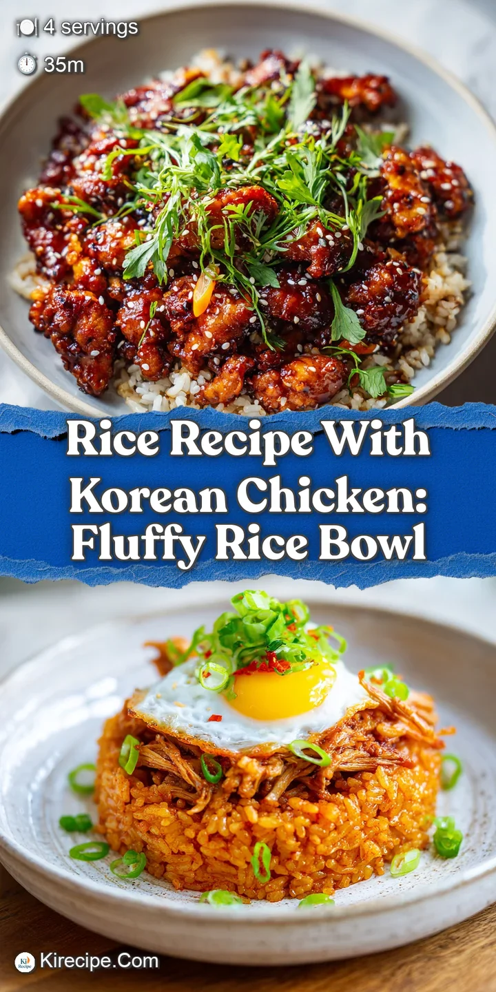 Close-up of glistening Korean chicken pieces with a rich, savory sauce, served over a bed of fluffy white rice.