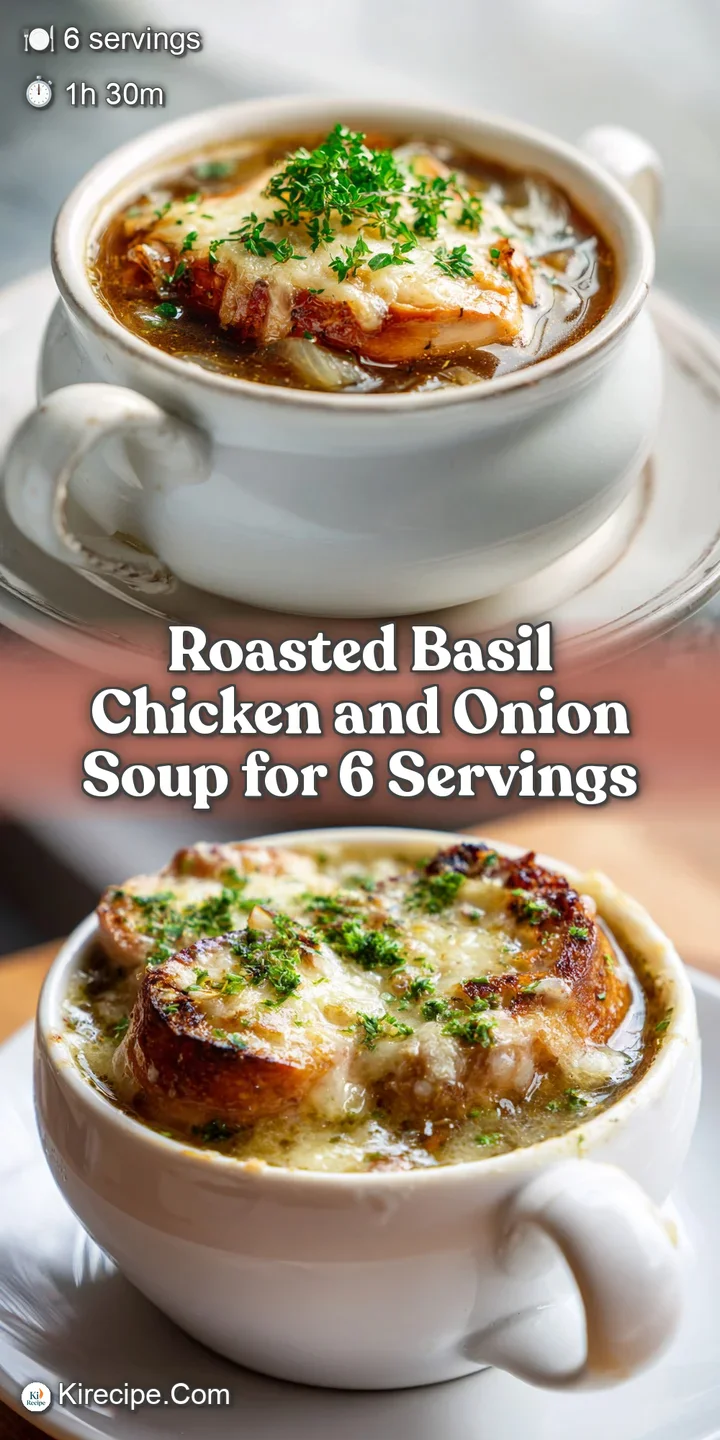 Close-up of steaming, creamy chicken soup with glistening droplets of oil and torn basil. Chicken pieces are visible.