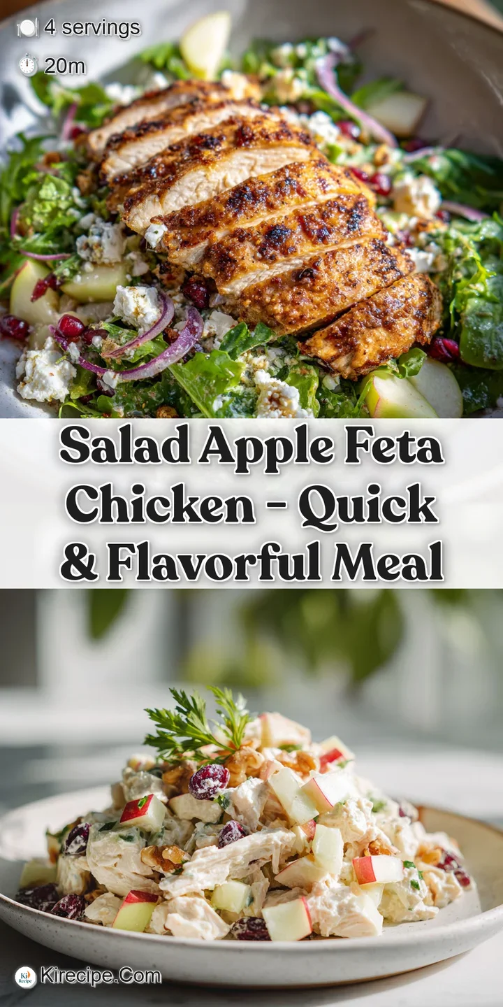 Close-up of juicy grilled chicken atop a colorful salad. See the crisp apple, soft feta, and glistening dressing.
