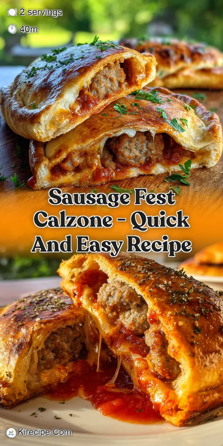 Close-up of a perfectly baked calzone; crispy edges, molten cheese, and glimpses of delicious, savory sausage filling inside.
