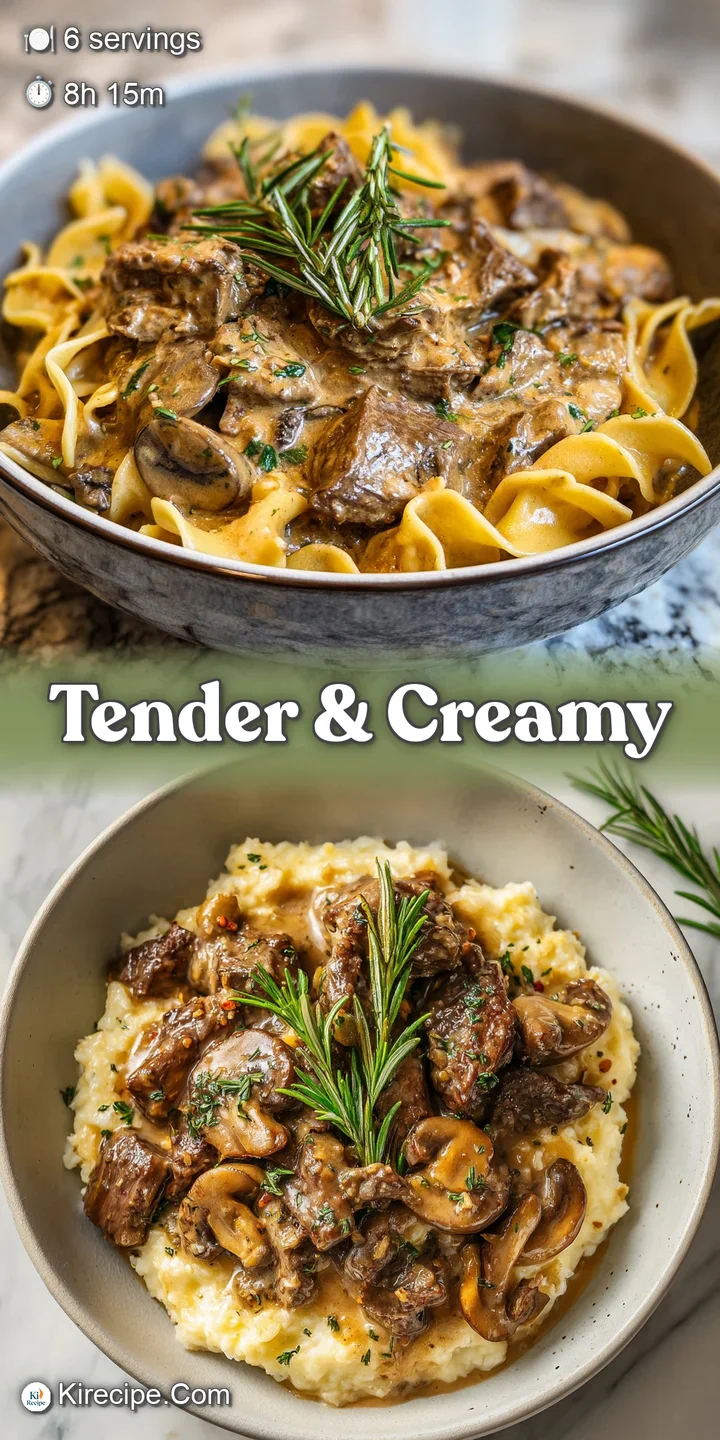 Close-up of beef stroganoff, showcasing the creamy sauce, tender beef strips, and bright green rosemary. A comforting, ric...