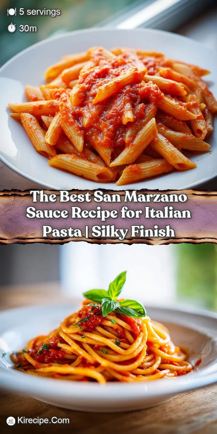 Close-up of rich San Marzano tomato sauce with visible chunks of tomatoes, glistening with olive oil and fragrant basil le...