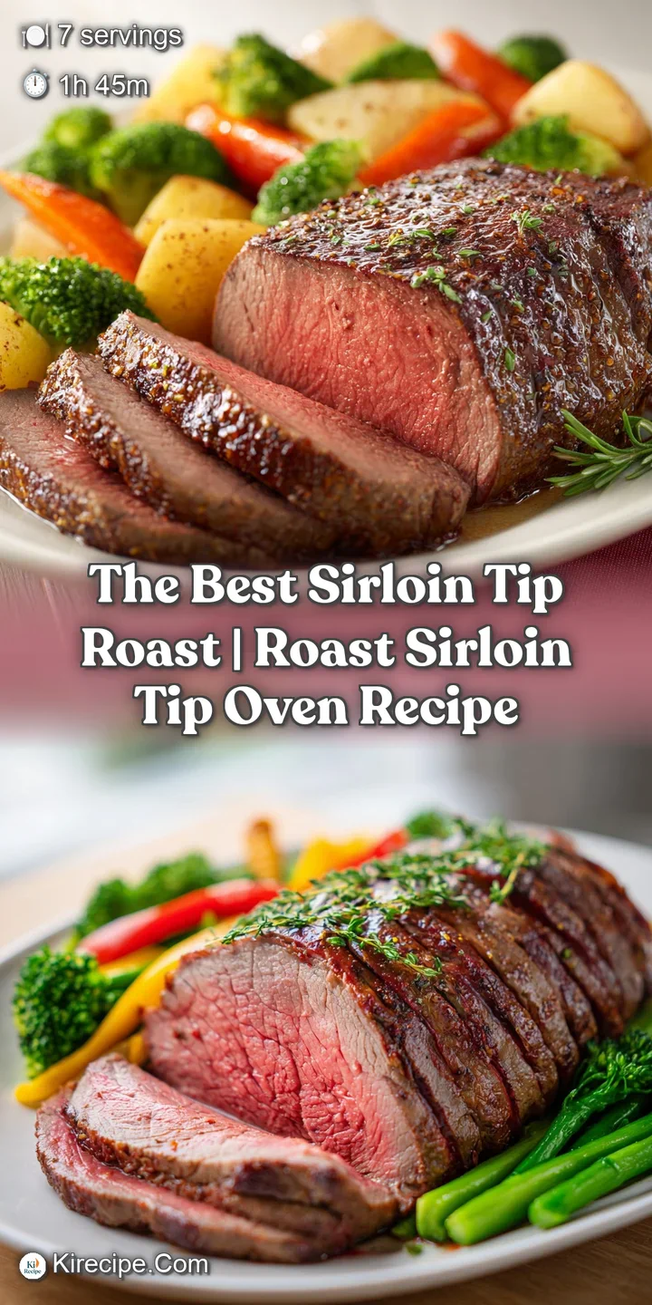 Close-up of a fork-tender sirloin tip roast slice, its rosy interior contrasting with a deeply caramelized, herb-flecked c...