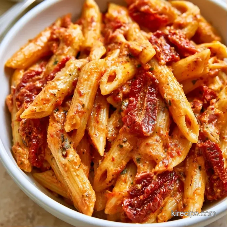 Elegantly swirled pasta in a glossy orange sauce, garnished with fresh basil leaves on a white ceramic plate.