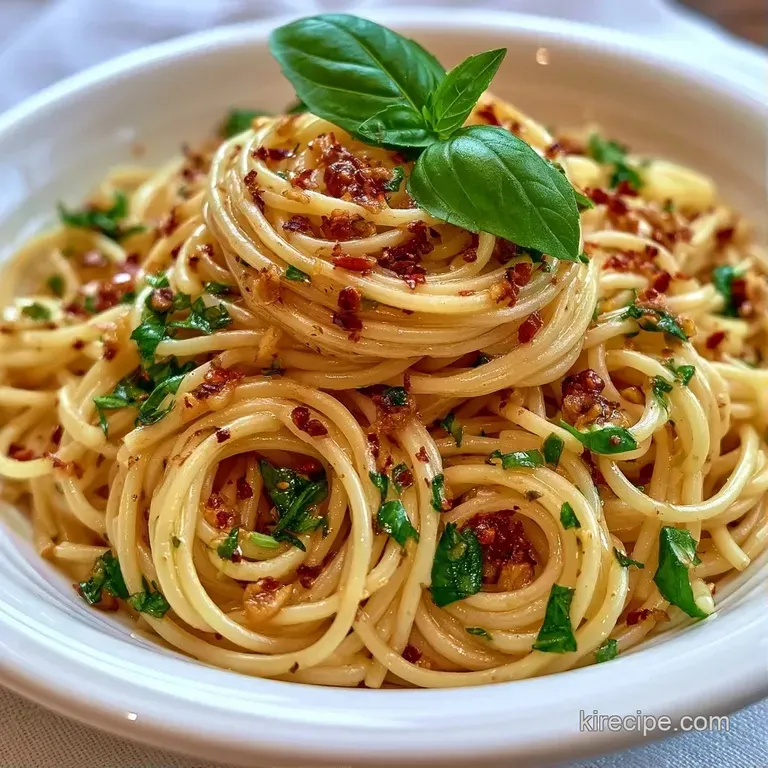 A swirl of glossy green pasta in a white ceramic bowl topped with a fresh basil sprig and shaved parmesan