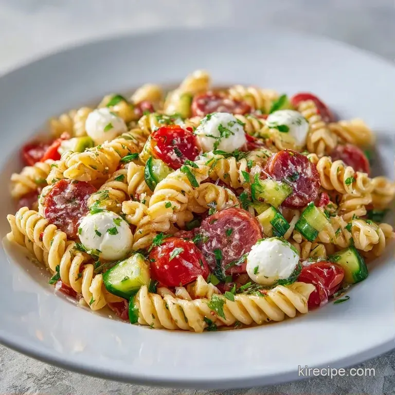 A bright white bowl of glossy rotini pasta tossed with diced red peppers and fresh greens on a marble tabletop.