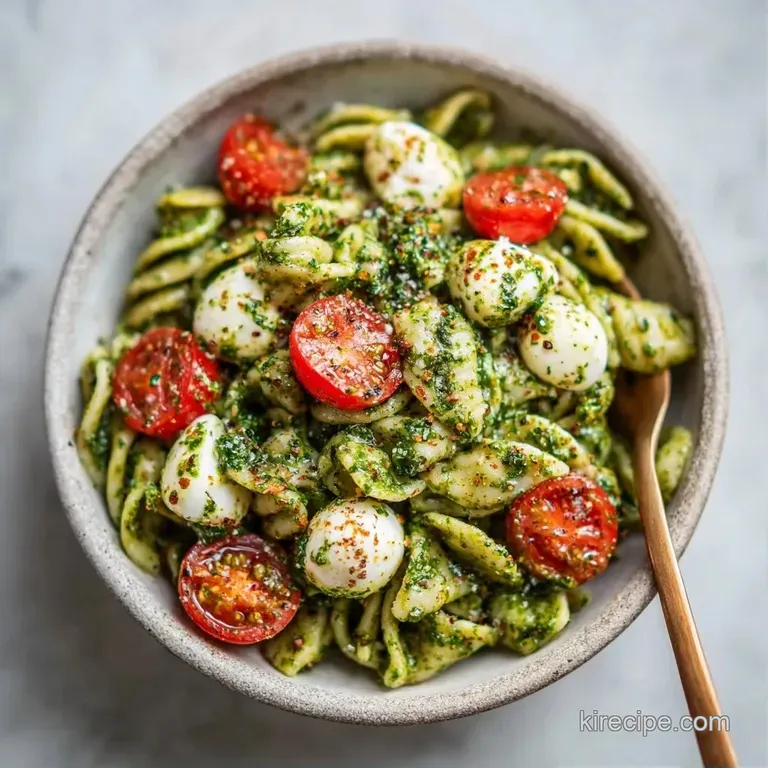 Fresh pesto pasta served in a white ceramic bowl, garnished with a sprig of basil and a sprinkle of parmesan cheese.