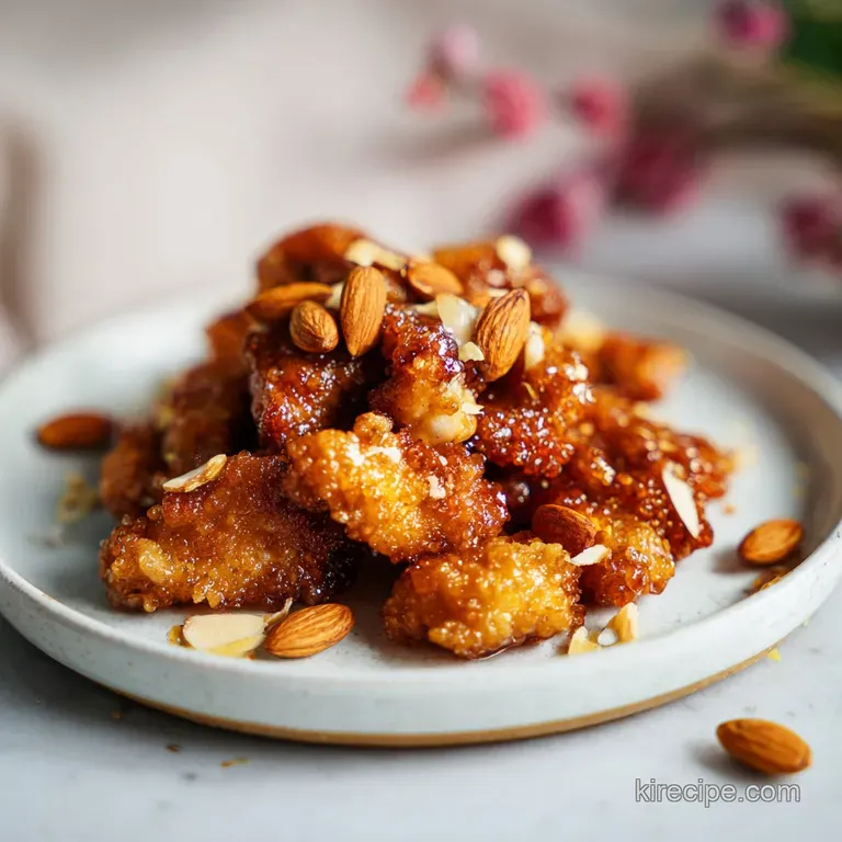 Elegant plating shows glossy Asian-sauced vegetables and almonds. Scattered sesame seeds add visual texture and appetizing...