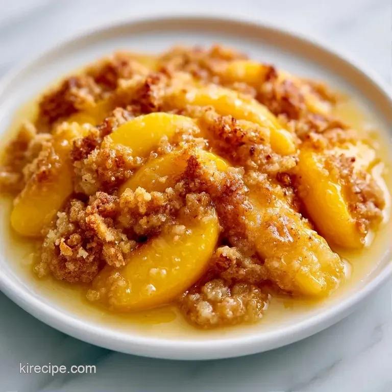 Warm, bubbly peaches topped with a crunchy nut crumble and maple syrup, served in a white bowl with a silver spoon.