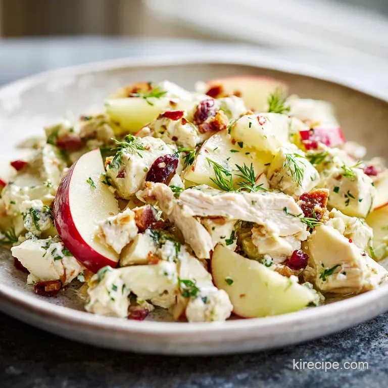 Artfully plated salad with tender chicken, crisp apple, creamy feta, and vibrant greens, drizzled with golden dressing.