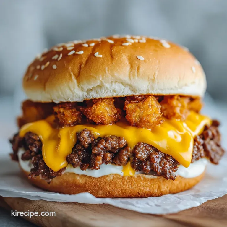 Beef and cheddar sandwich half on a wooden board, cheese sauce glistening, with curly fries and a frosty drink.