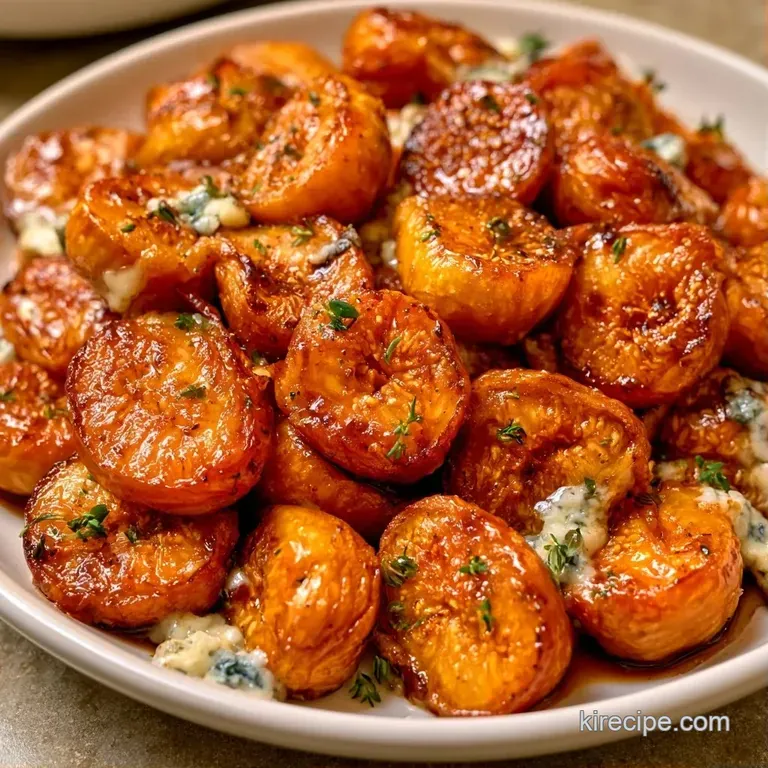 Fresh purple fig halves topped with melted gorgonzola, drizzled with golden honey on a white ceramic plate.