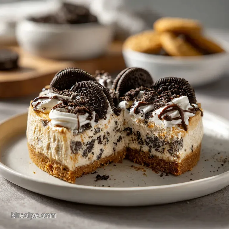 A slice of decadent cheesecake reveals a velvety, speckled filling with a crisp chocolate cookie base, artfully served.