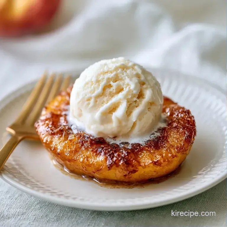 Caramelized golden fruit halves in a white bowl topped with a melting scoop of white cream and a fresh mint sprig.