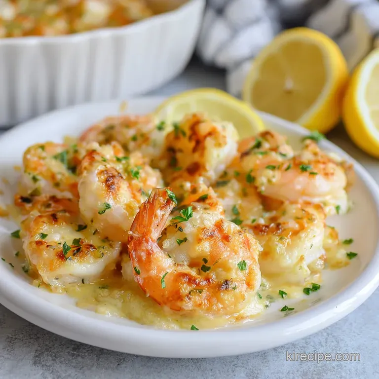 A ramekin of plump shrimp glistening in garlic butter, alongside crusty bread for dipping. A vibrant parsley garnish brigh...