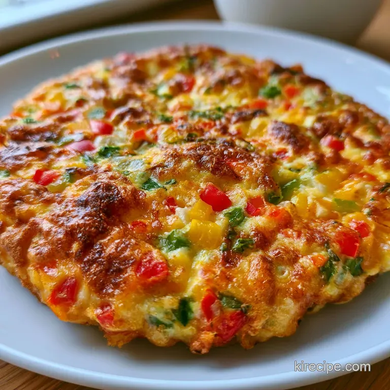 A thick slice of vegetable frittata on a white ceramic plate, garnished with a sprig of fresh green parsley.