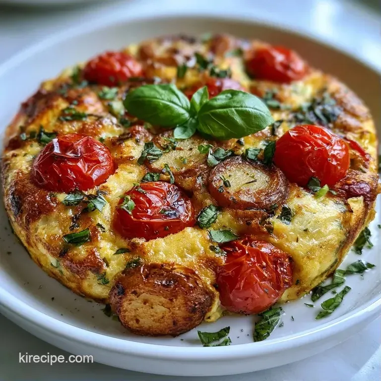 A thick slice of golden egg bake with tender potato chunks on a ceramic plate, topped with a sprig of fresh basil.
