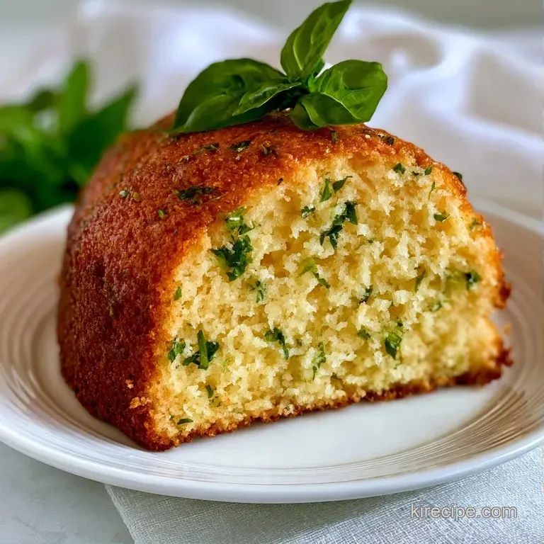 A slice of pale gold cake on a marble slab, garnished with a swirl of cream and a tiny, vibrant green basil leaf.