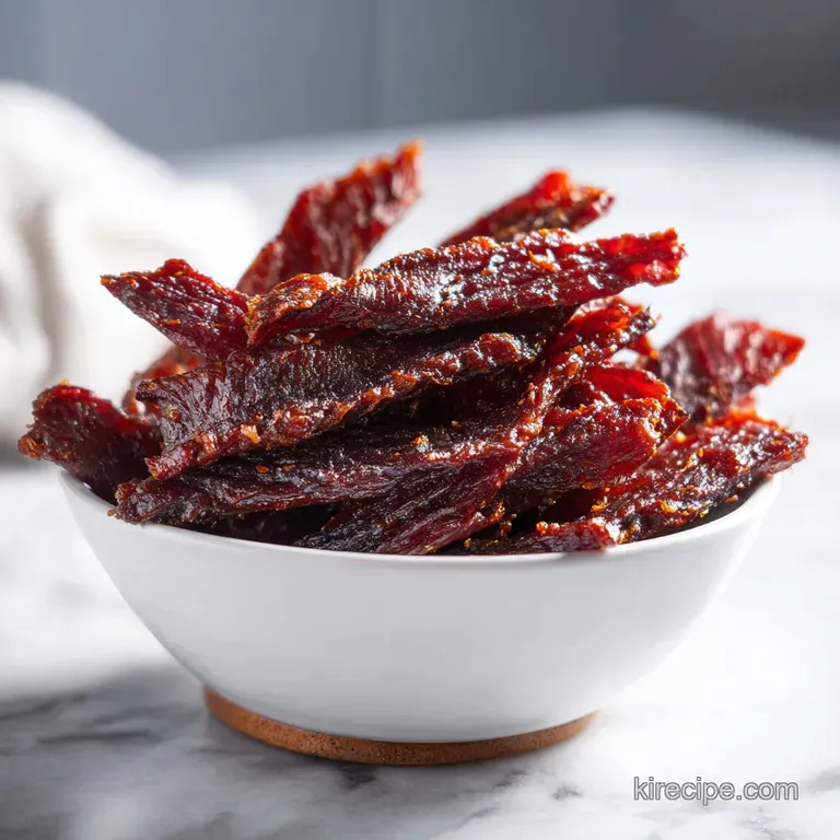 Rustic pile of reddish-brown cured meat strips arranged in a hand-carved wooden bowl with a soft side light.