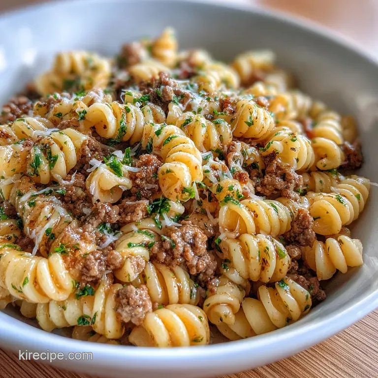 Elegant plate of twirled pasta with seasoned beef; fresh herb sprig garnish; creamy sauce pooling, inviting first bite. Wa...