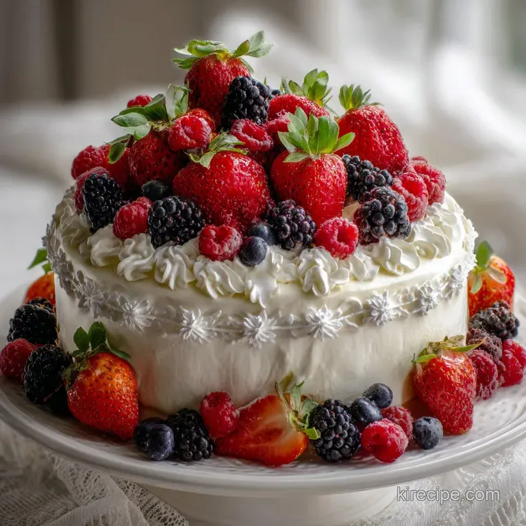 Slice of berry Chantilly cake on a white plate with whipped cream and mixed berries cascading down the side.