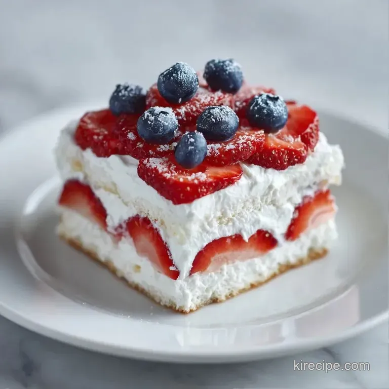 A precise slice of layered cream and fruit dessert on a ceramic plate, accented by a sprig of fresh mint.