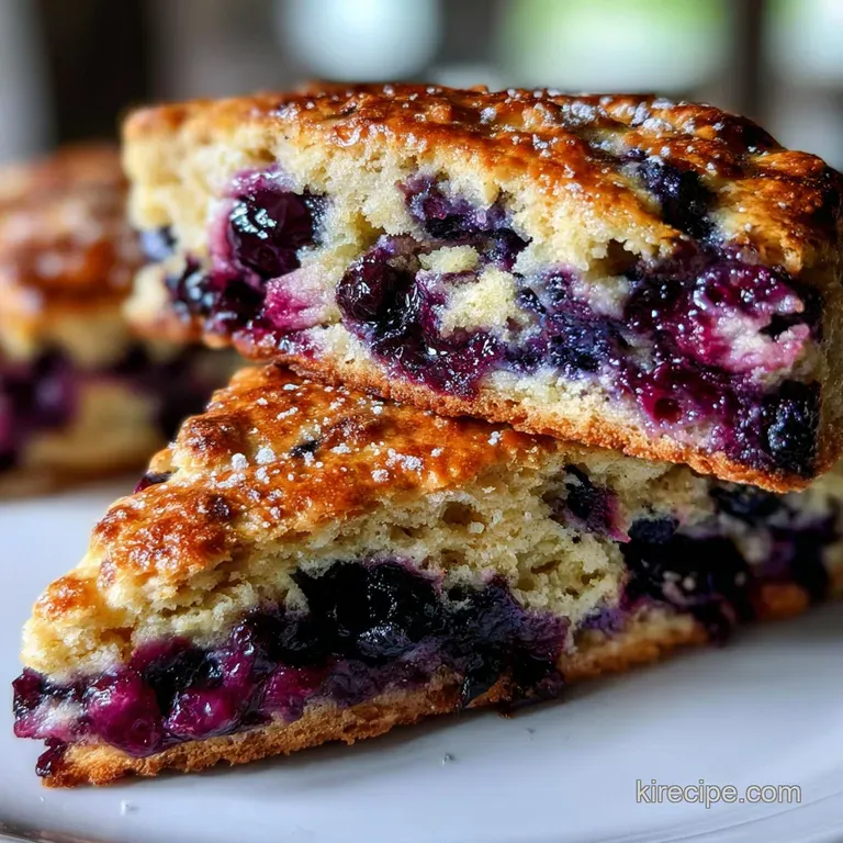 Individual blueberry scone on a white plate, showcasing its rustic texture and vibrant berries, paired with a cup of steam...