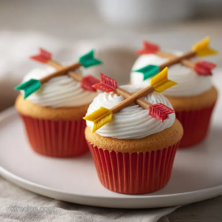 Single chocolate cupcake topped with a candy arrow, artfully placed on a floral plate. Softly blurred background.