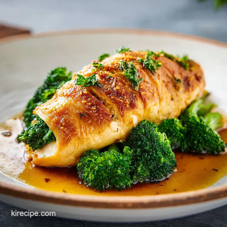 Stuffed chicken breast, sliced open to reveal broccoli filling, served with a vibrant green side and a creamy sauce drizzle.