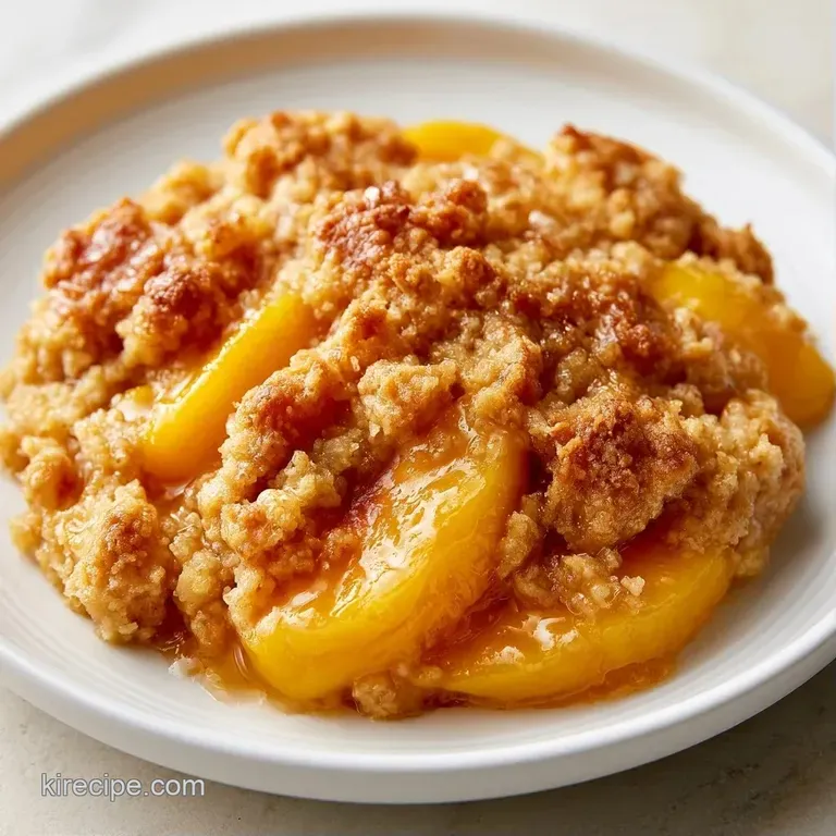 A scoop of warm, syrupy fruit topped with golden crumbs and a melting dollop of vanilla ice cream on a blue plate.