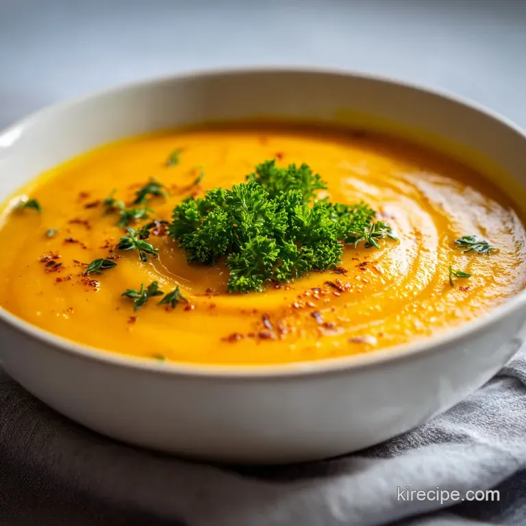 Creamy roasted butternut squash soup in a shallow bowl, garnished with a swirl of cream and fresh sage leaves. Rustic and ...