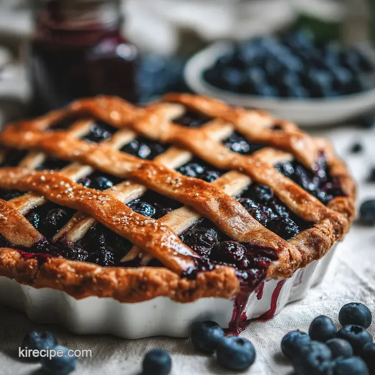 Slice of warm blueberry pie with a flaky, golden crust on a white plate, a scoop of vanilla ice cream melting softly.