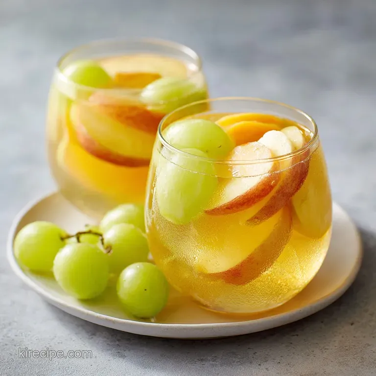 Elegant wine glass filled with glowing orange sangria, fresh peach slices, and ice on a white tablecloth.