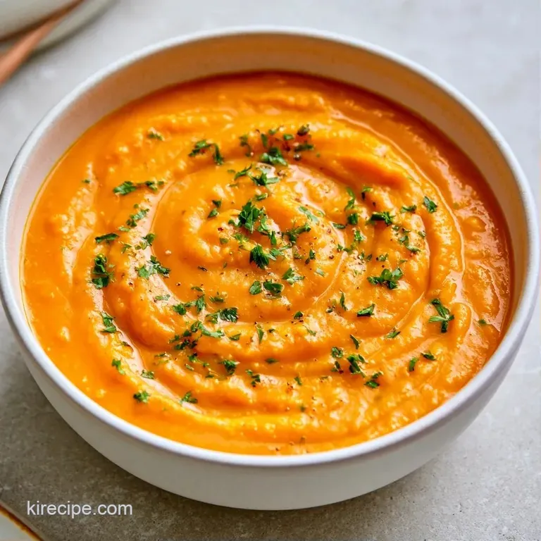 A vibrant orange puree in a ceramic bowl topped with a dollop of Greek yogurt and fresh parsley on a rustic table.
