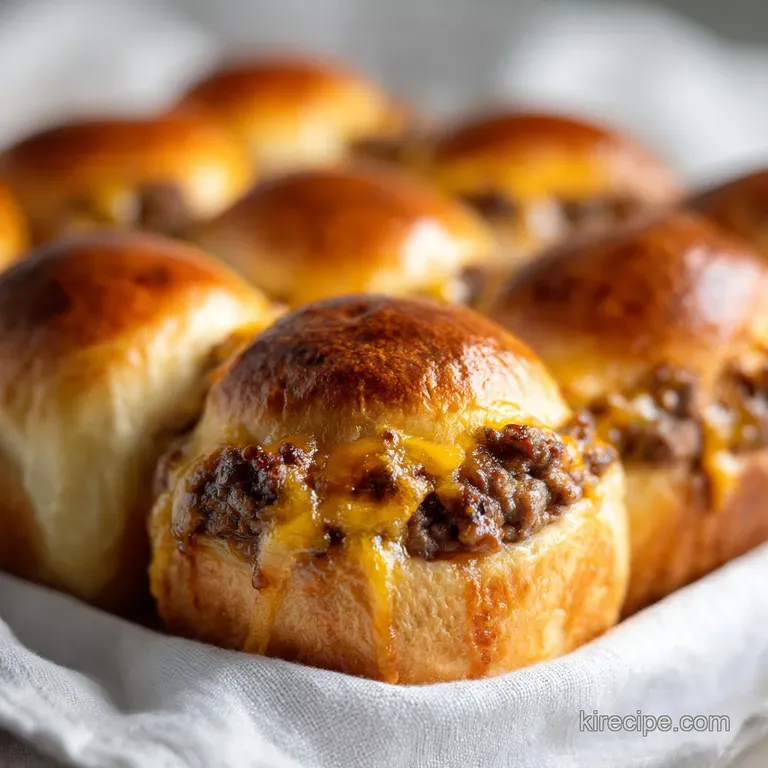 A neat row of mini beef sliders with gooey melted cheese on a ceramic plate, paired with fresh garden greens.