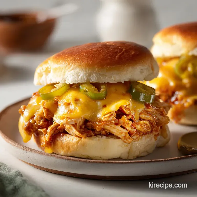 Open-faced sloppy joe shows saucy chicken & peppers. Toasted bun shows grill marks, cheese melted and bubbling.