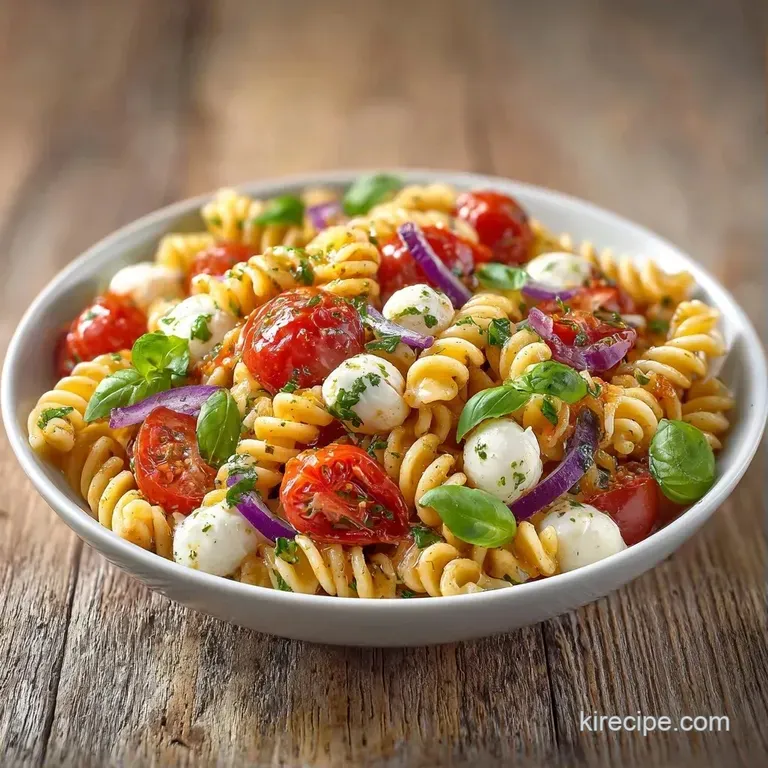 A colorful pasta medley served in a white ceramic bowl with bright red tomatoes and glossy white cheese pearls.