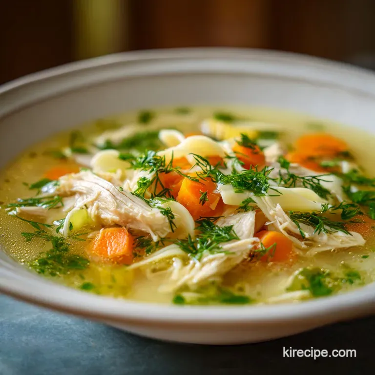 Close-up of chicken noodle soup served in a rustic bowl. Bright herbs and glistening broth promise warmth and comforting f...