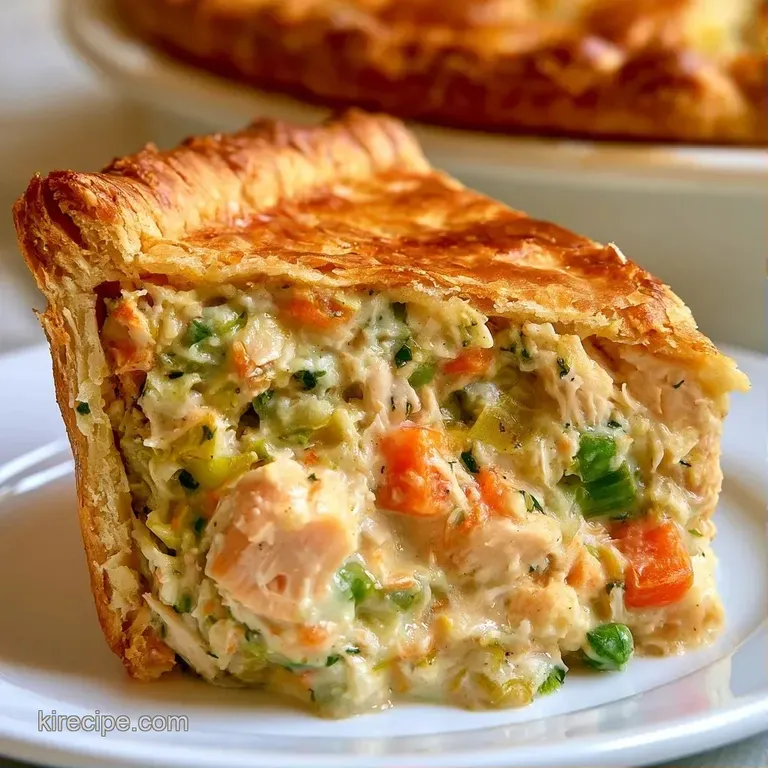 A slice of flaky golden pastry on a white ceramic plate, revealing a rich, creamy filling with tender leeks and peas.