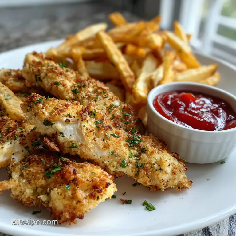 A tower of juicy chicken tenders and golden fries with dipping sauce on a white plate, garnished with parsley.