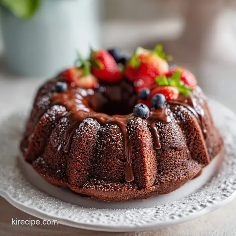 A thick slice of chocolate cream cheese pound cake, showing the soft crumb. Dusting of powdered sugar on a white plate.