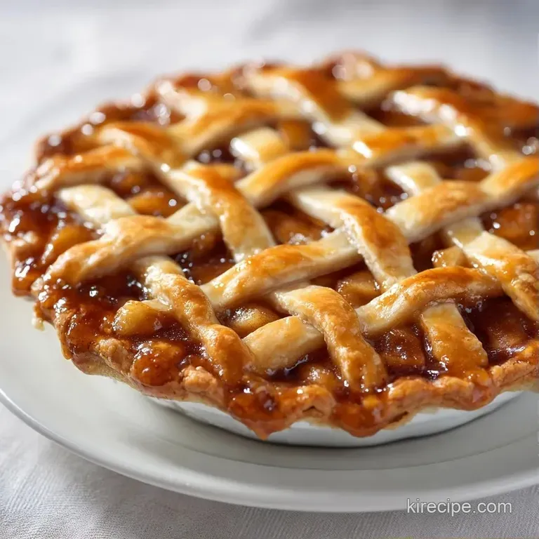 Warm pie slice on a white ceramic plate topped with melting vanilla ice cream and a drizzle of caramel sauce.