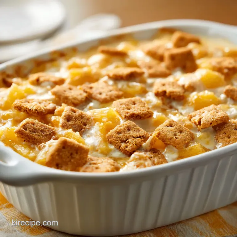 A glistening slice of baked pineapple casserole, rich golden brown, on a white plate.