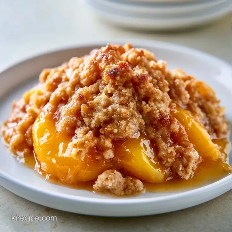 A scoop of warm peach dessert in a white bowl with melting vanilla ice cream and a sprig of fresh green mint.