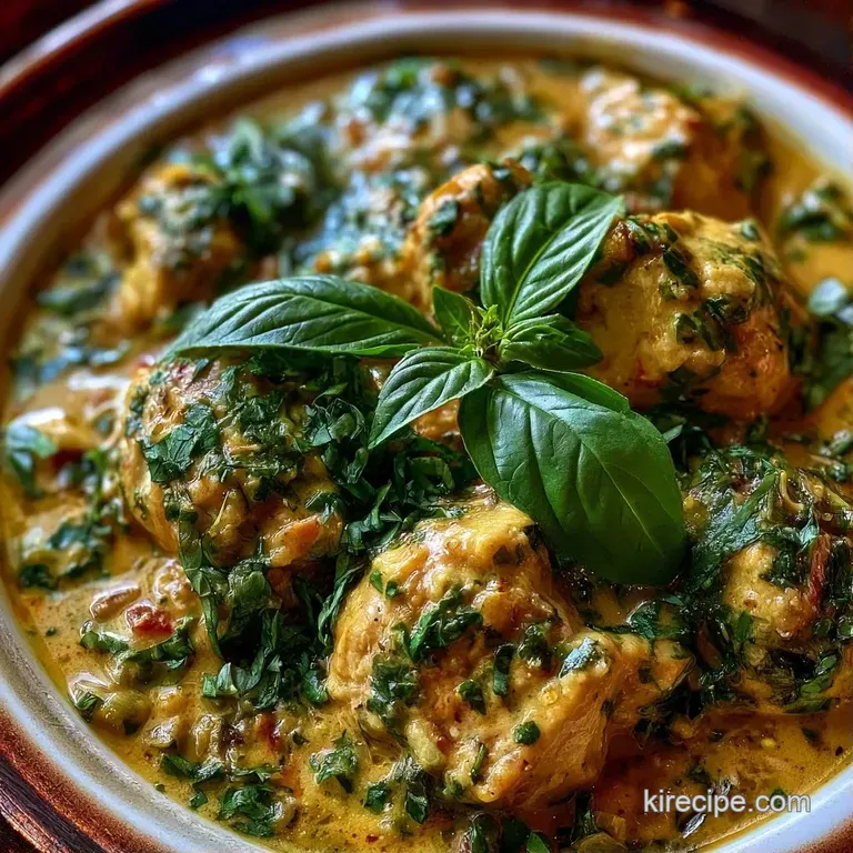 A polished white bowl of creamy pale yellow curry topped with fresh basil leaves and a side of steamed jasmine rice.