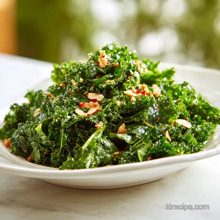 Bright green kale salad beautifully arranged on a white plate, showcasing toasted nuts and juicy cranberries, drizzled wit...