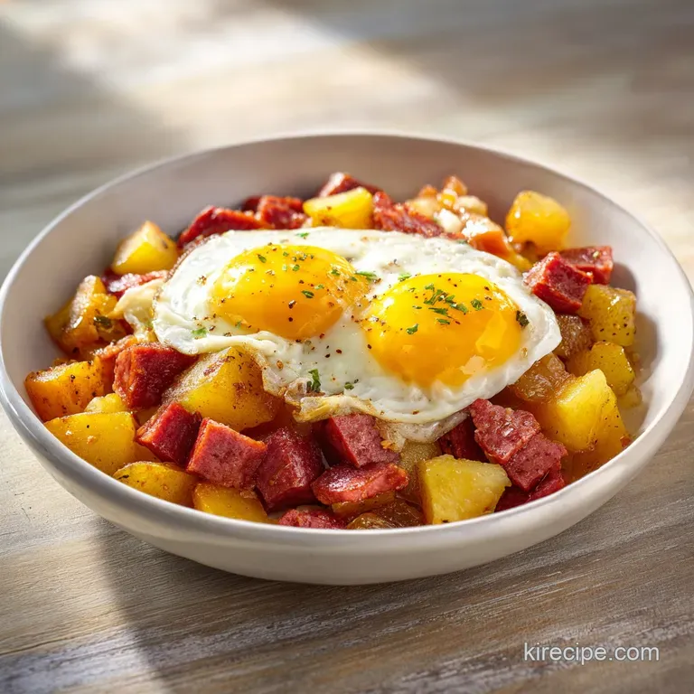 A rustic plate with a mound of corned beef hash, topped with a perfectly fried egg and chopped chives.